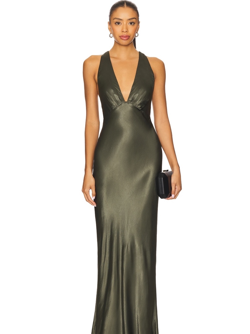 Shona Joy Olive Satin Plunge Maxi Dress